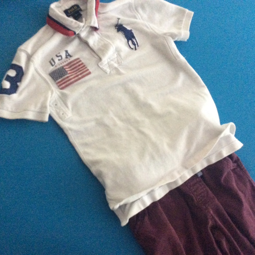 Red and white polo with pants